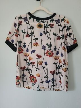 Cream Floral Short-Sleeve Blouse with Black Trim - Westmoon - Size Medium